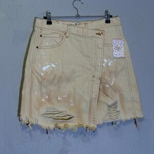 We The Free, cream distressed cross over high waisted mini skirt, women's 31